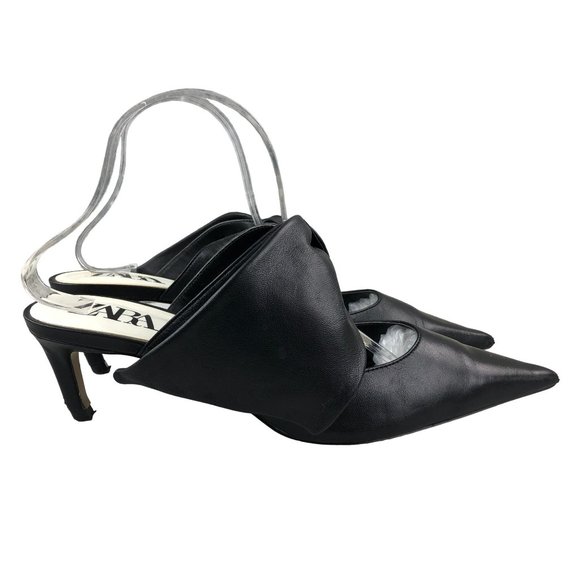 ZARA Women's EU 42 (US 11) Black Leather Bow Mule Mid Heel Sandals Pointed Toe - Picture 1 of 14